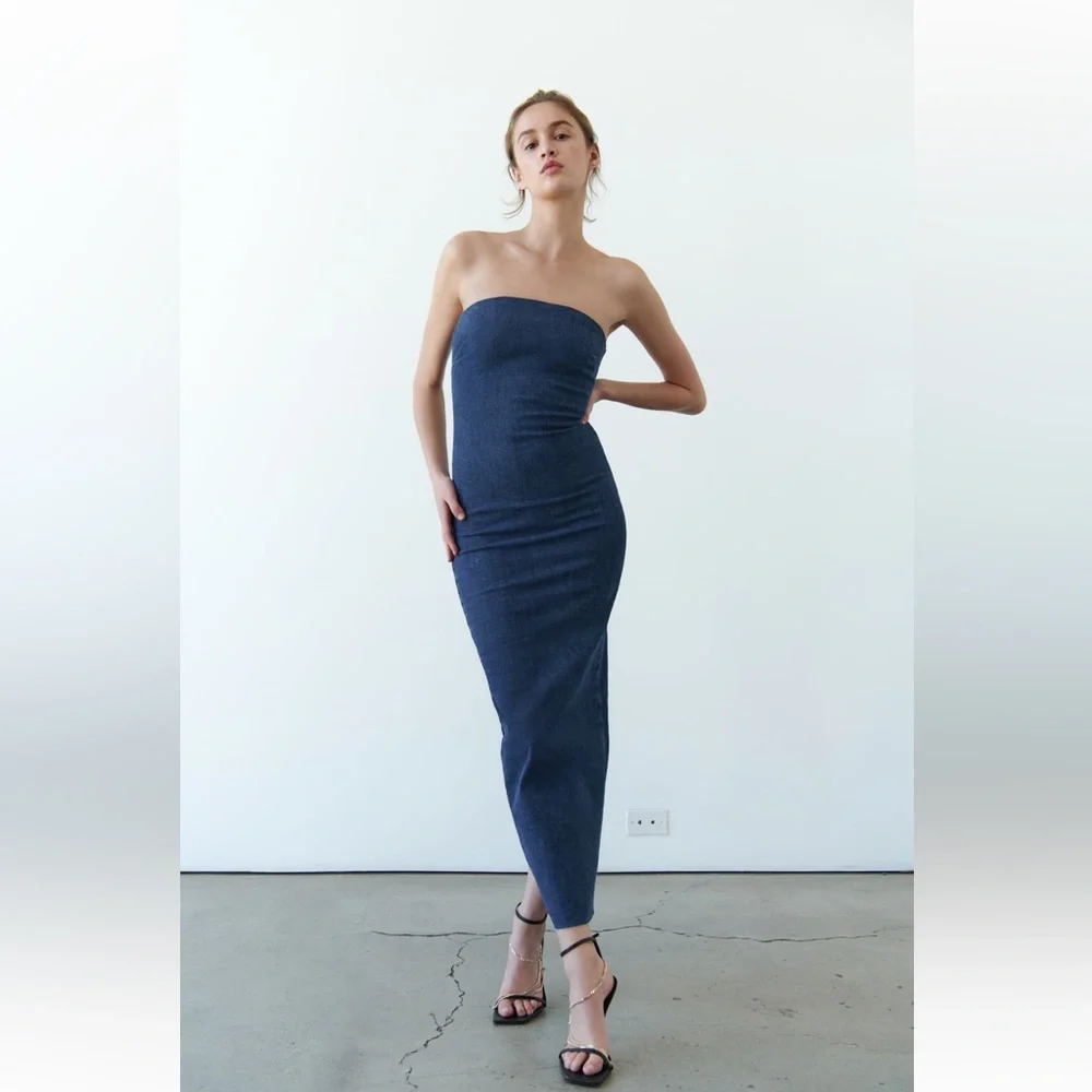 slim fit dress slacks Zara Blue Draped Ruched Long Sleeve Dress Size XL – Ernest Grace main image 0